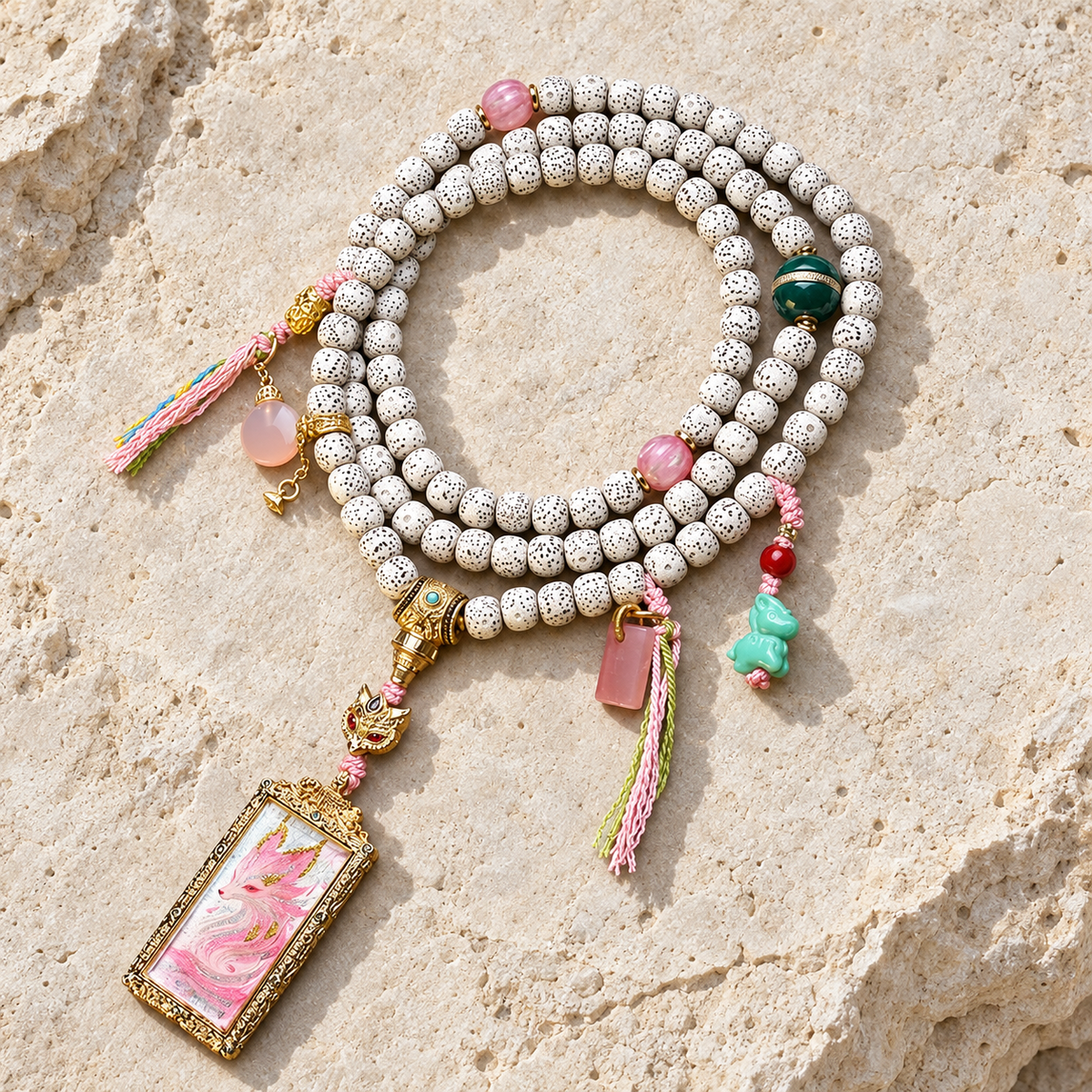 EverestArtstudios Xingyue Bodhi 108-Bead Mala with Nine-Tailed Fox Thangka-Style Pendant — overall display