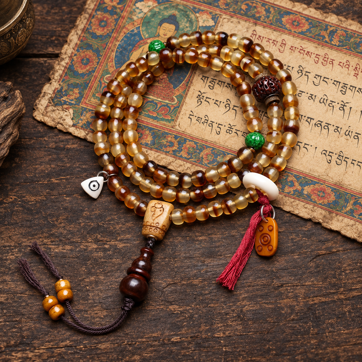 EverestArtstudios Golden Armor Barrel-Bead Mala with Vajra Bodhi and Horn Accents — full product