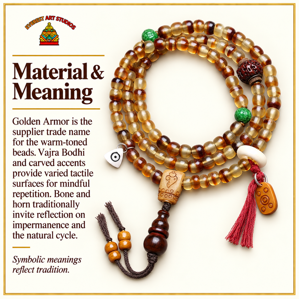 EverestArtstudios Golden-Armor-Tonnenmala, Vajra-Bodhi/Horn – Material und traditionelle Symbolik