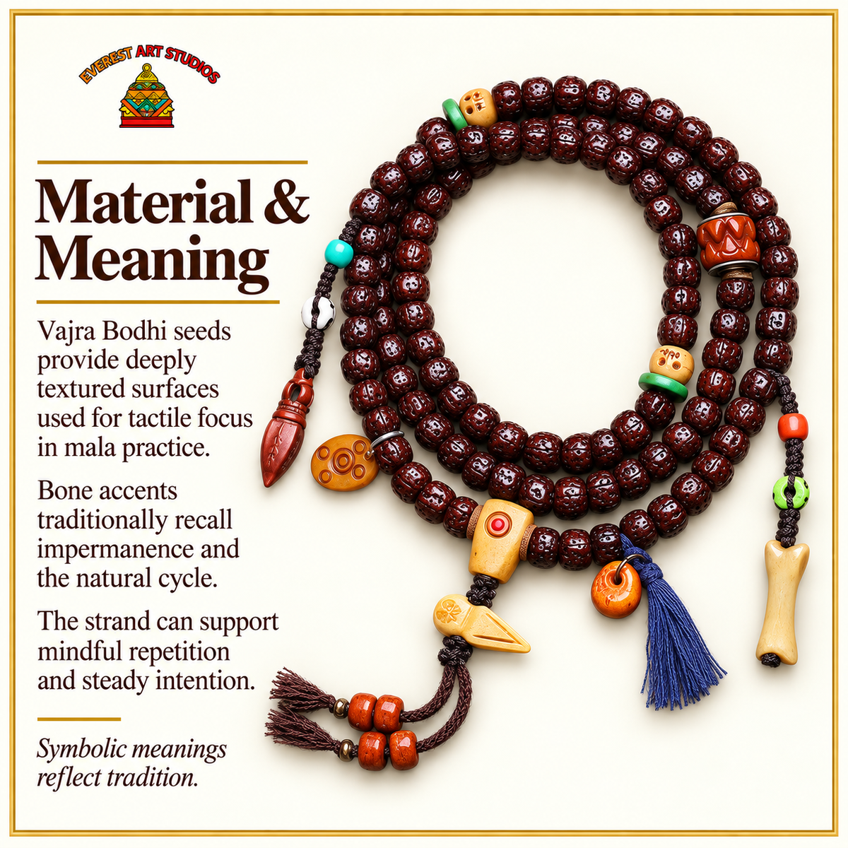 Mala 108 Bodhi Vajra détails en os – Matière et symbolique traditionnelle