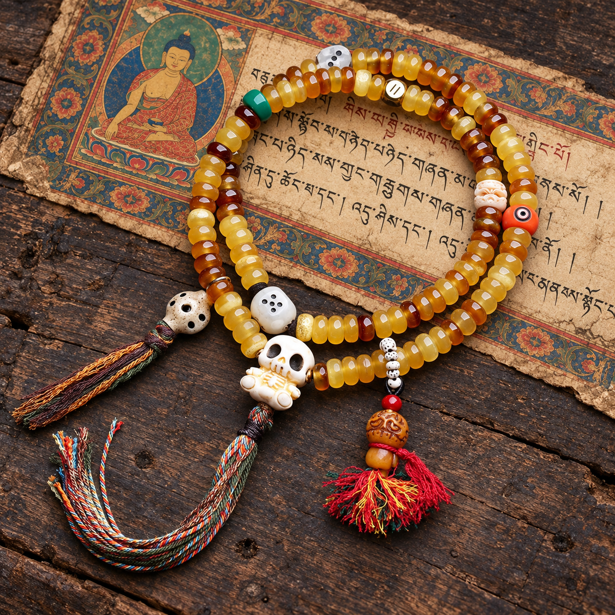 EverestArtstudios Golden Armor Bead 108-Bead Mala with Antler and Pearl Accents — full product