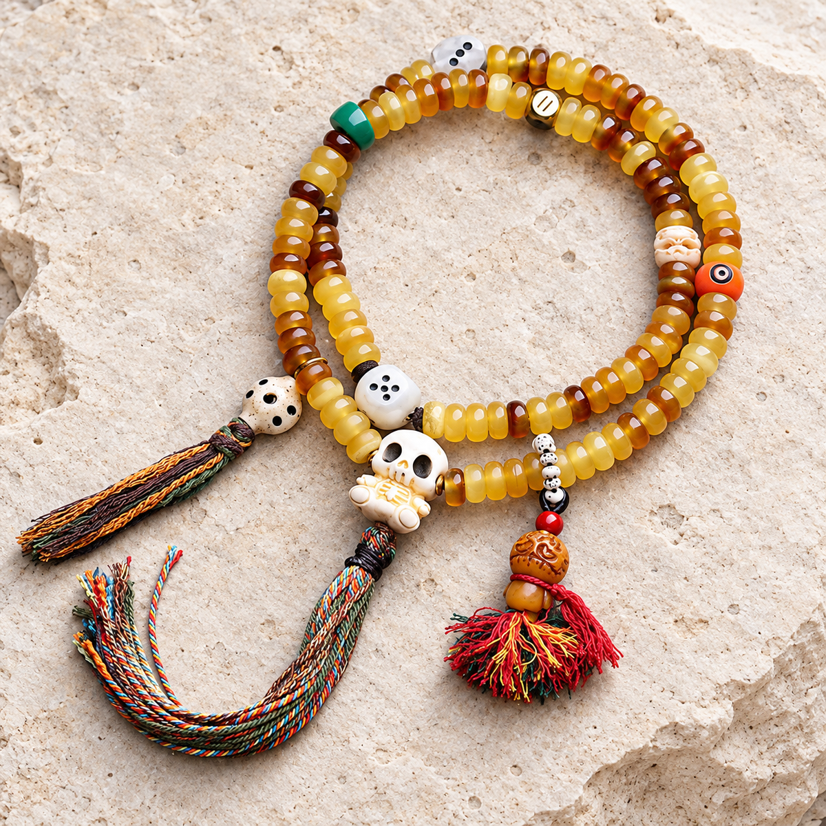 EverestArtstudios Golden Armor Bead 108-Bead Mala with Antler and Pearl Accents — overall display
