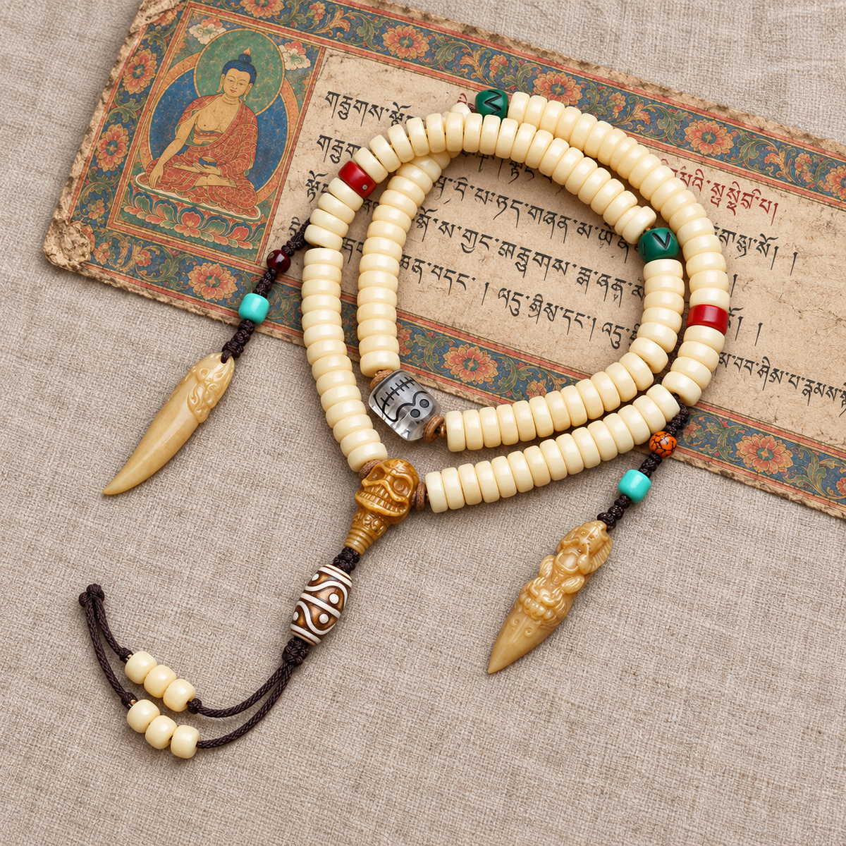 EverestArtstudios Golden-Tone Camel Bone 108-Bead Mala with Carved Accents — full product
