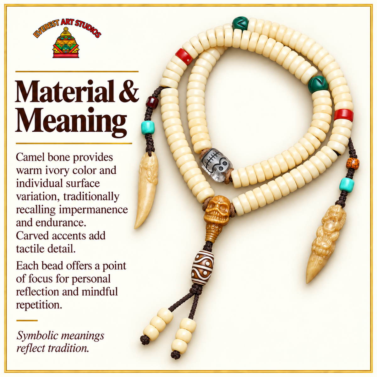 EverestArtstudios Kamelknochen-Mala, 108 Perlen, Goldfarbe – Material und traditionelle Symbolik
