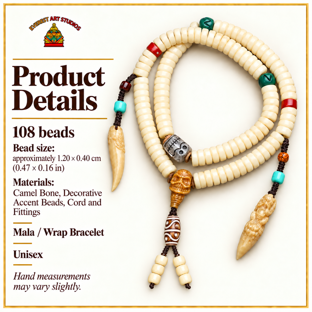 EverestArtstudios Kamelknochen-Mala, 108 Perlen, Goldfarbe