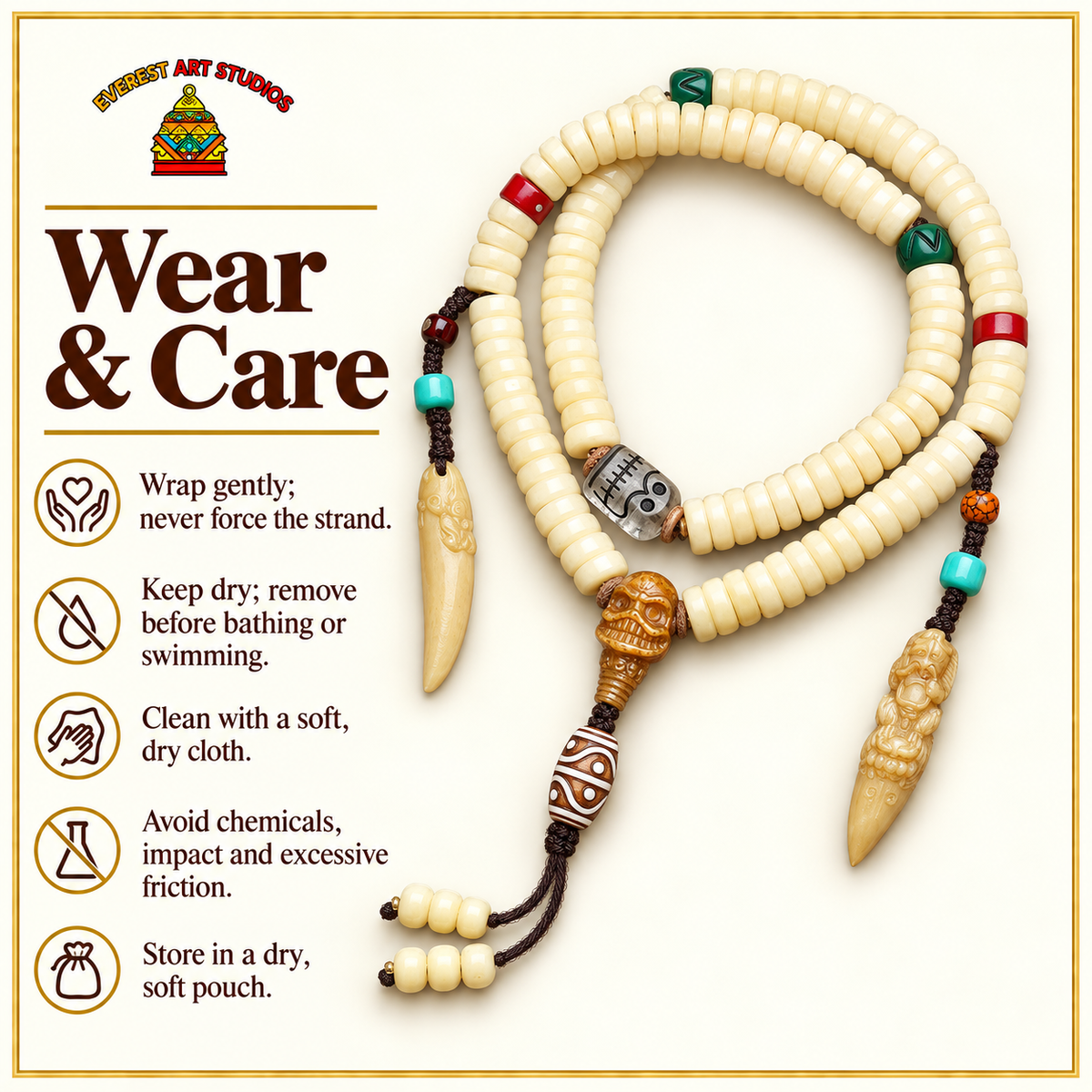 EverestArtstudios Kamelknochen-Mala, 108 Perlen, Goldfarbe – Pflegehinweise