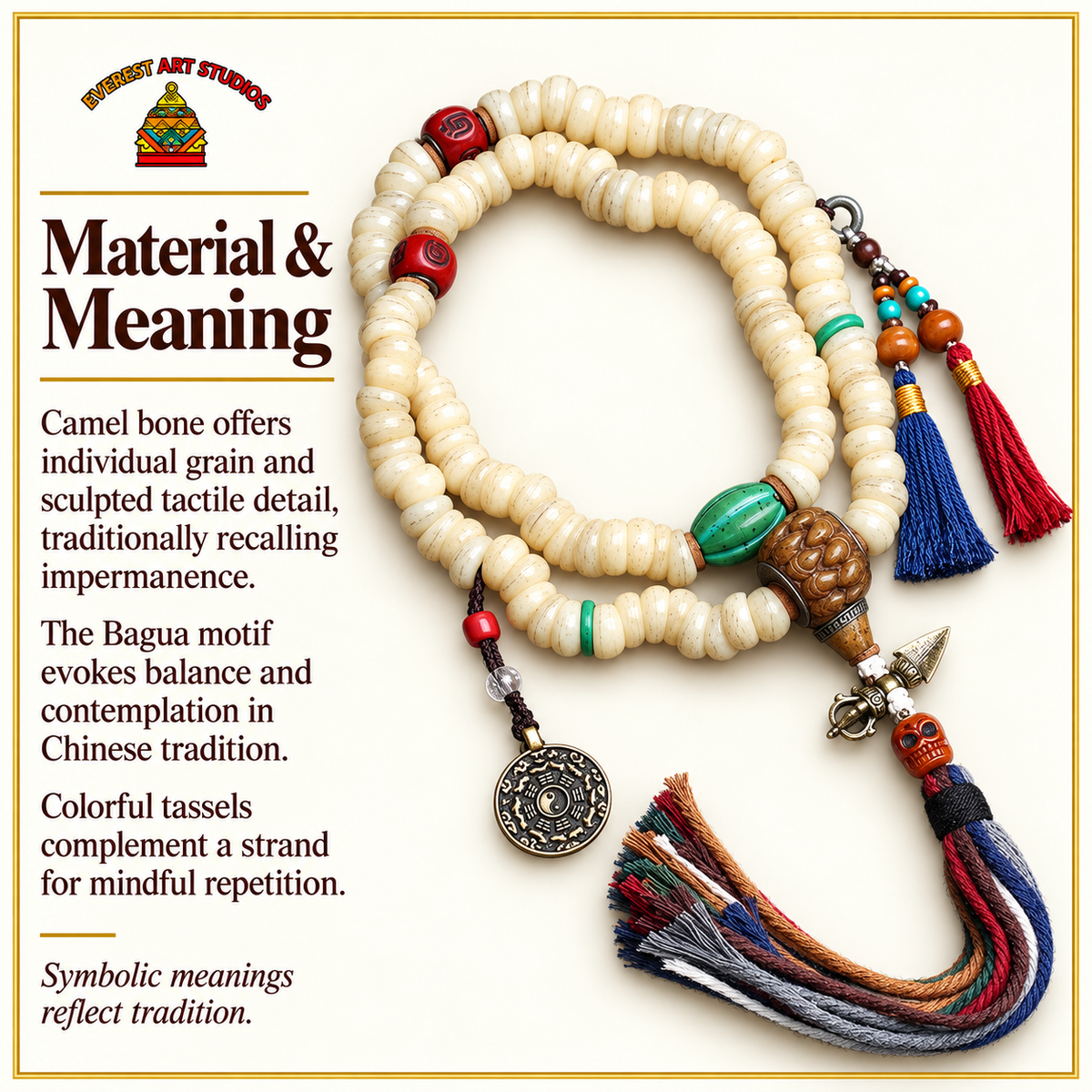 Mala de 108 cuentas de hueso de camello con Bagua y borlas – Material y simbolismo tradicional