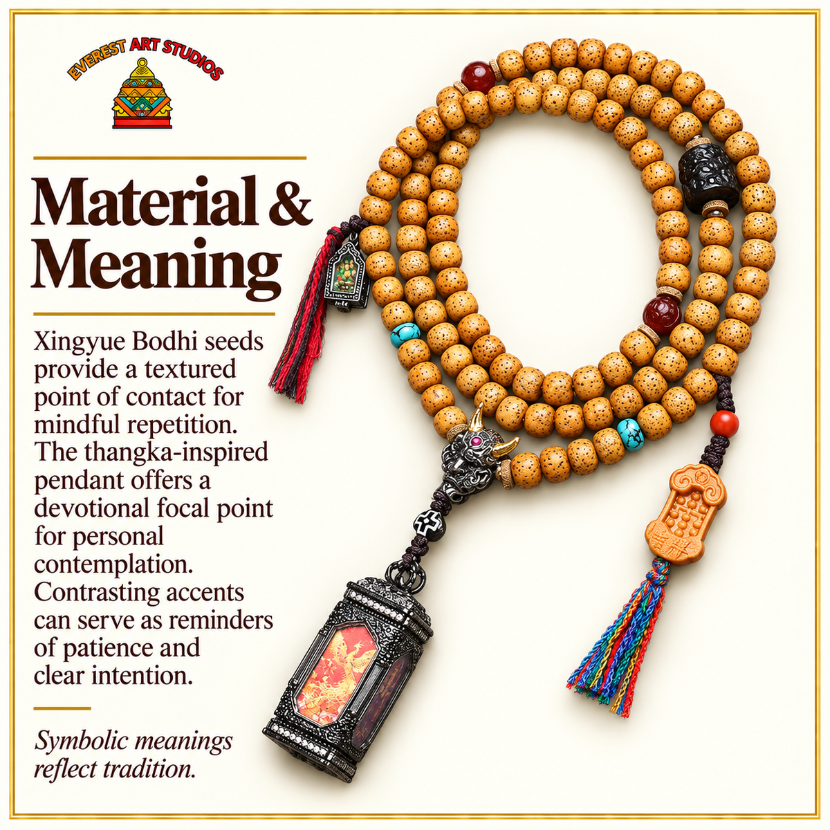 Mala de 108 cuentas Bodhi Xingyue con colgante Thangka de cuatro caras – Material y simbolismo tradicional