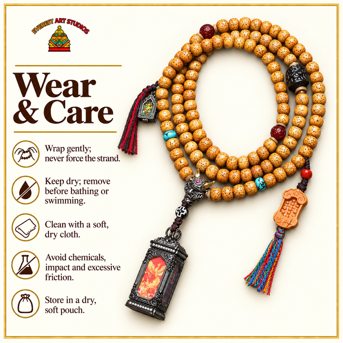 Mala de 108 cuentas Bodhi Xingyue con colgante Thangka de cuatro caras – Consejos de cuidado