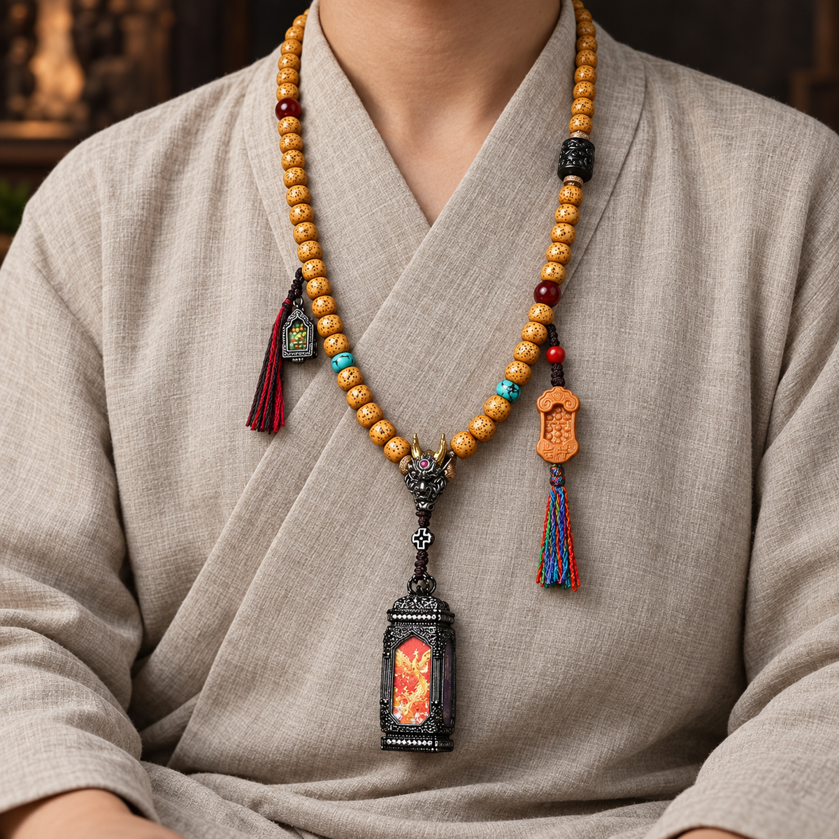 Mala de 108 cuentas Bodhi Xingyue con colgante Thangka de cuatro caras