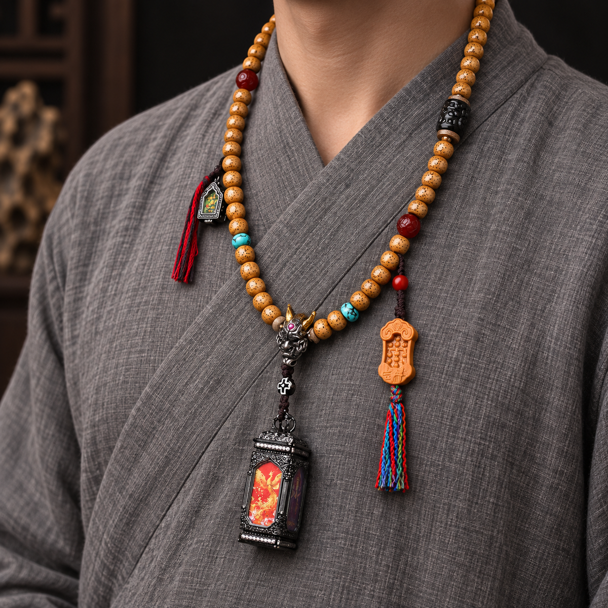 Mala de 108 cuentas Bodhi Xingyue con colgante Thangka de cuatro caras