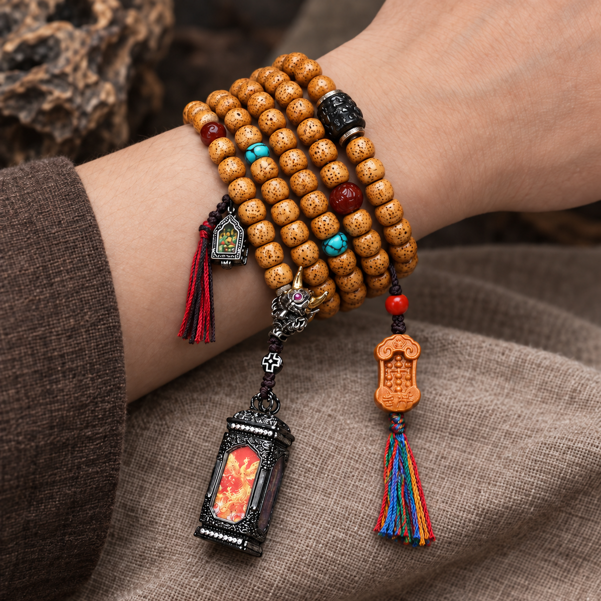 Mala de 108 cuentas Bodhi Xingyue con colgante Thangka de cuatro caras