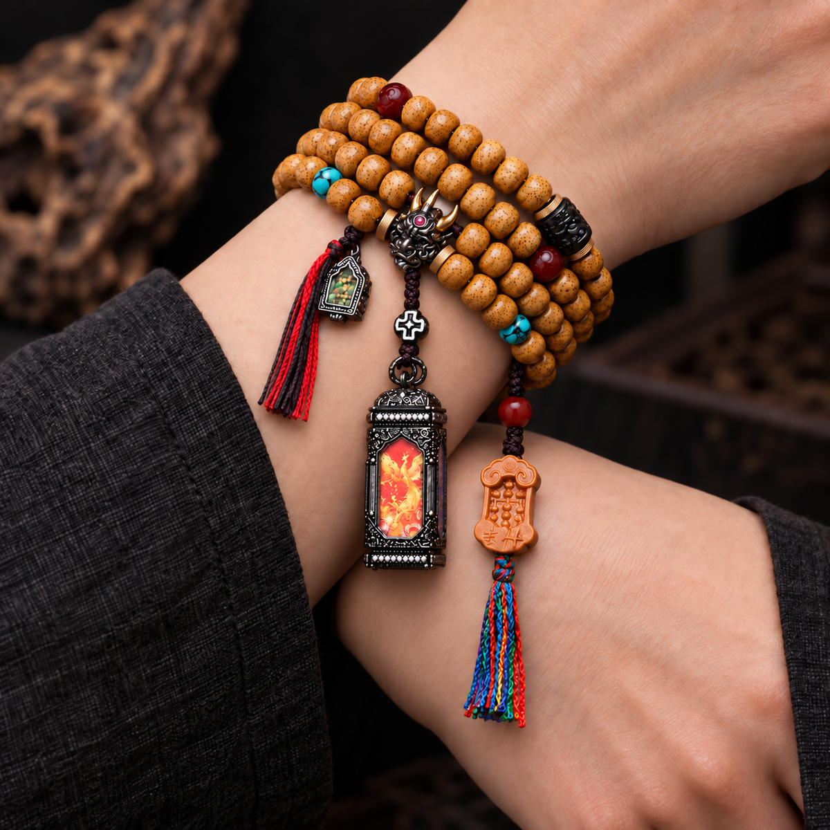 Mala de 108 cuentas Bodhi Xingyue con colgante Thangka de cuatro caras
