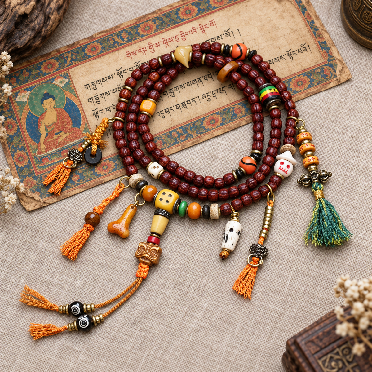 EverestArtstudios Bodhi-Samen-Mala, 108 Perlen, Pixiu/Vajra