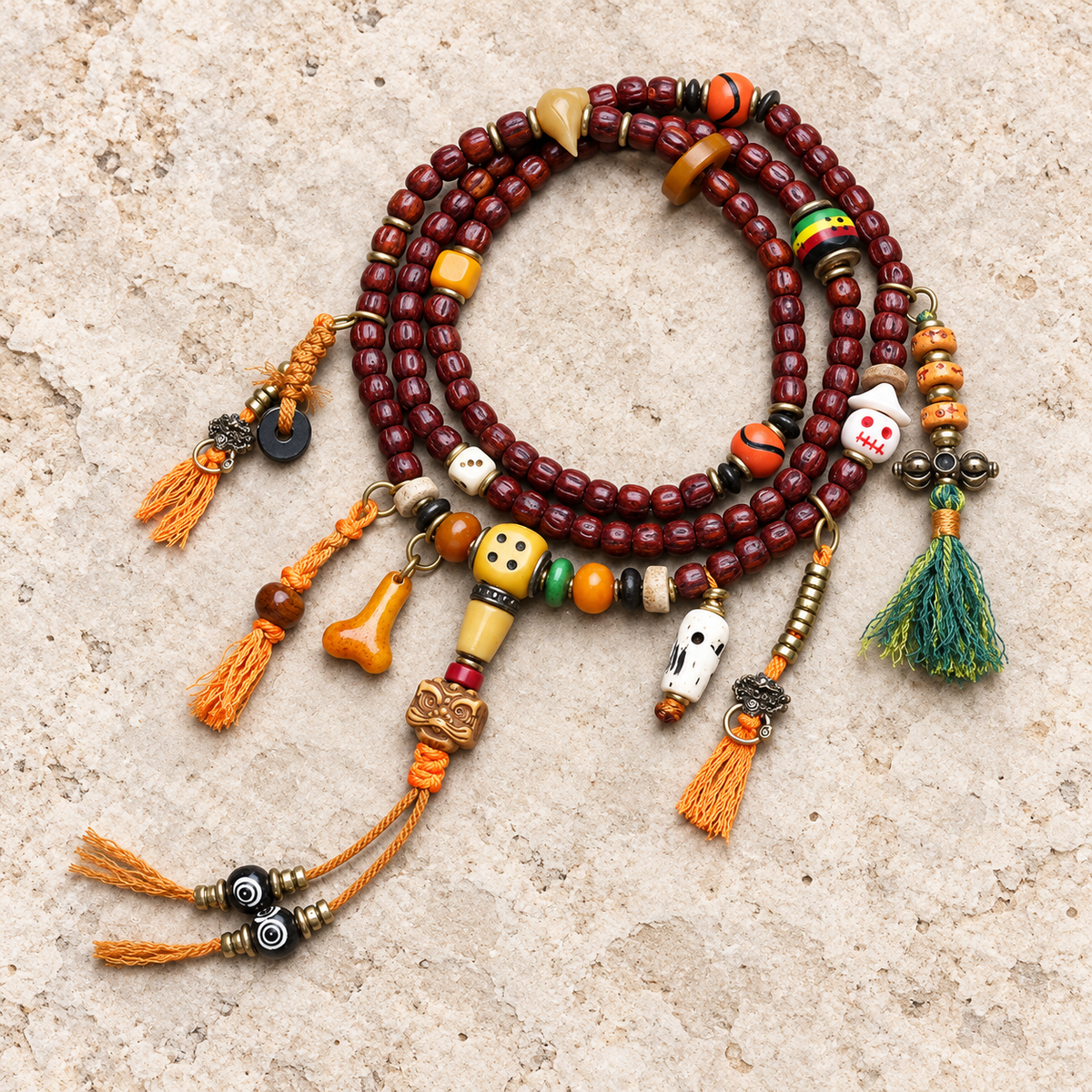 EverestArtstudios Cut Bodhi Seed 108-Bead Mala with Pixiu and Vajra Motif Charms — overall display