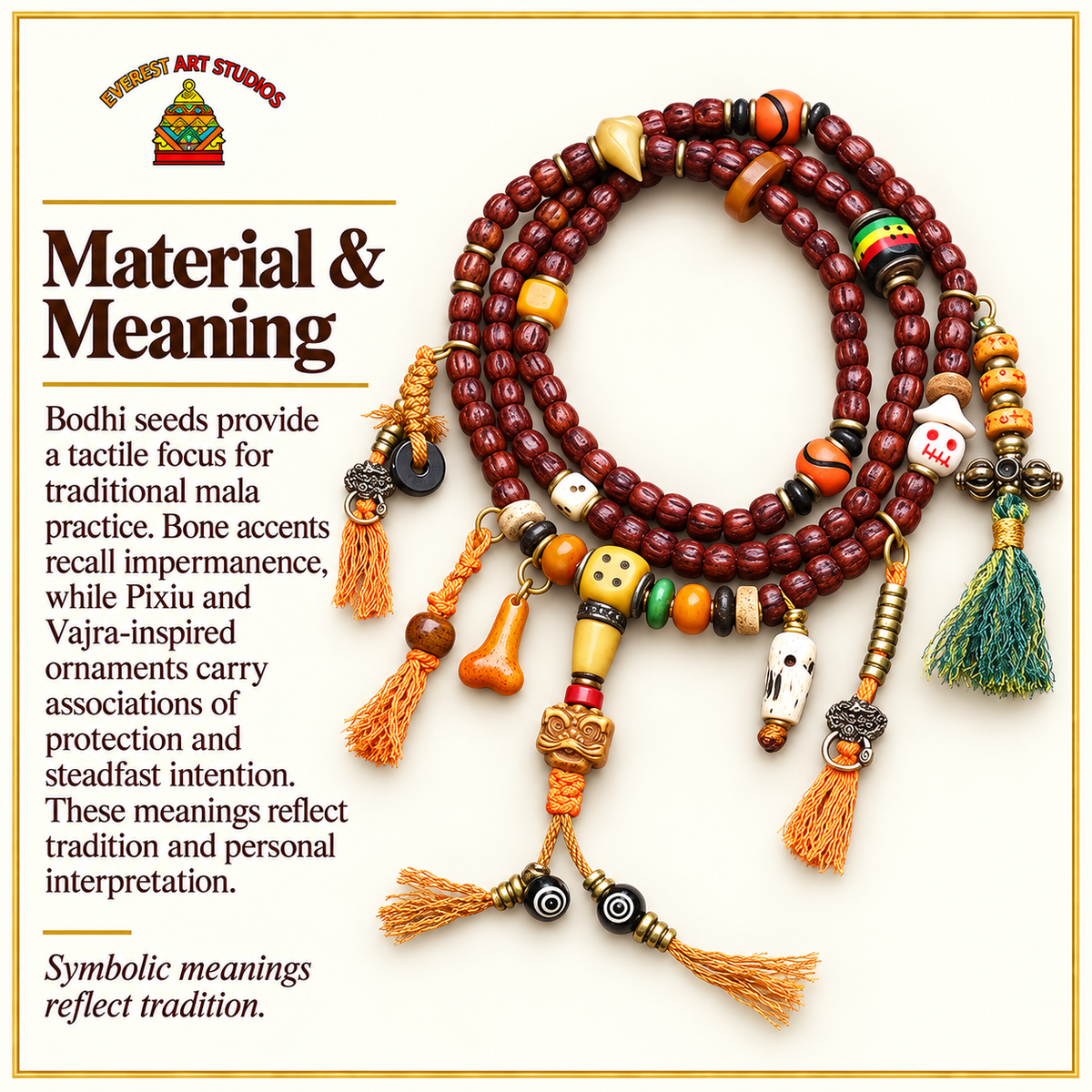 EverestArtstudios Bodhi-Samen-Mala, 108 Perlen, Pixiu/Vajra – Material und traditionelle Symbolik