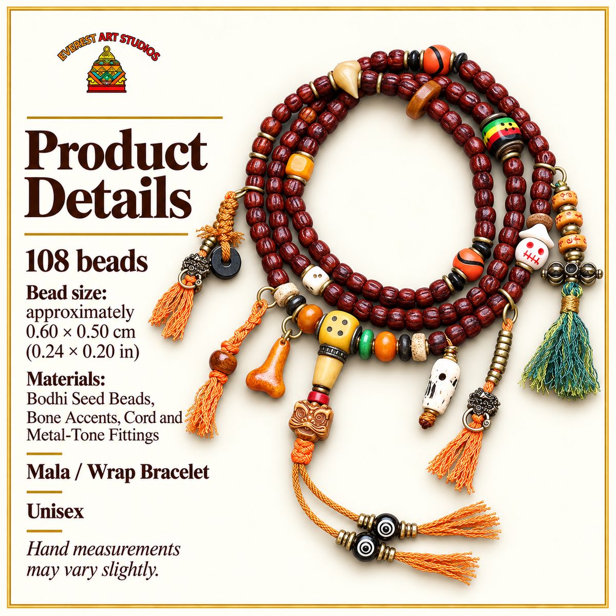 EverestArtstudios Bodhi-Samen-Mala, 108 Perlen, Pixiu/Vajra