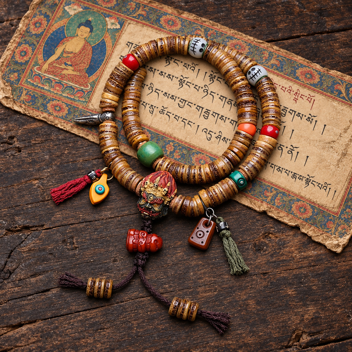 Mala 108 hueso camello con motivo Mahakala