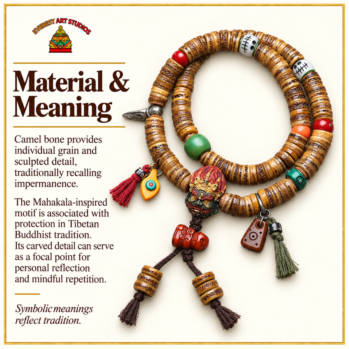 Mala 108 hueso camello con motivo Mahakala – Material y simbolismo tradicional