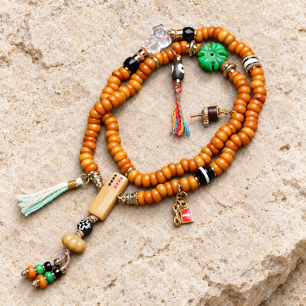 EverestArtstudios Knochen-Mala, 108 Perlen, Kamelknochen/Achat