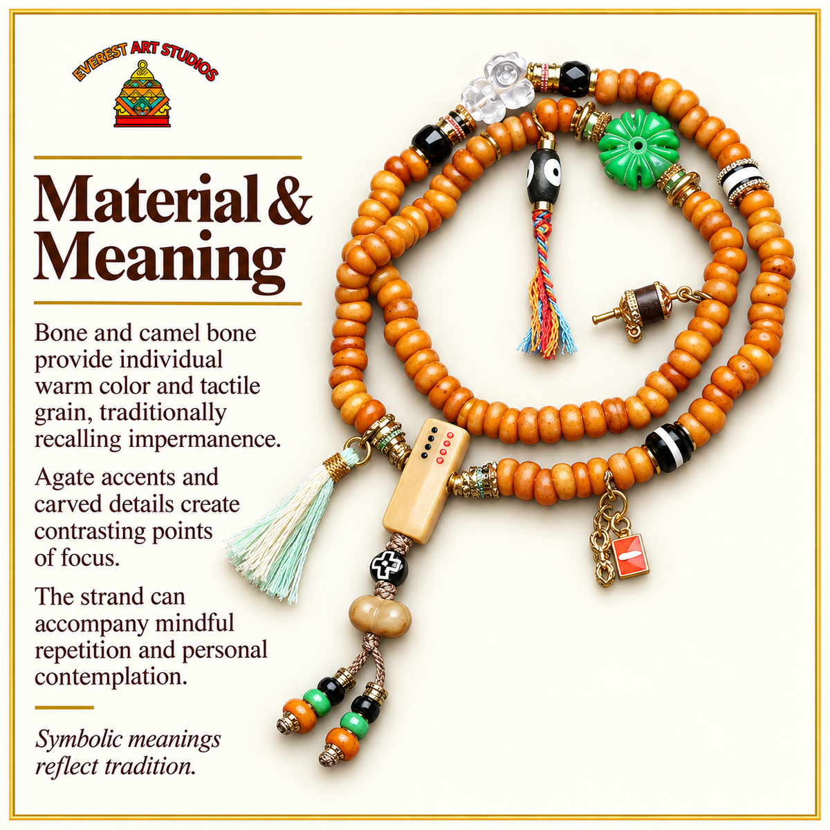 EverestArtstudios Knochen-Mala, 108 Perlen, Kamelknochen/Achat – Material und traditionelle Symbolik