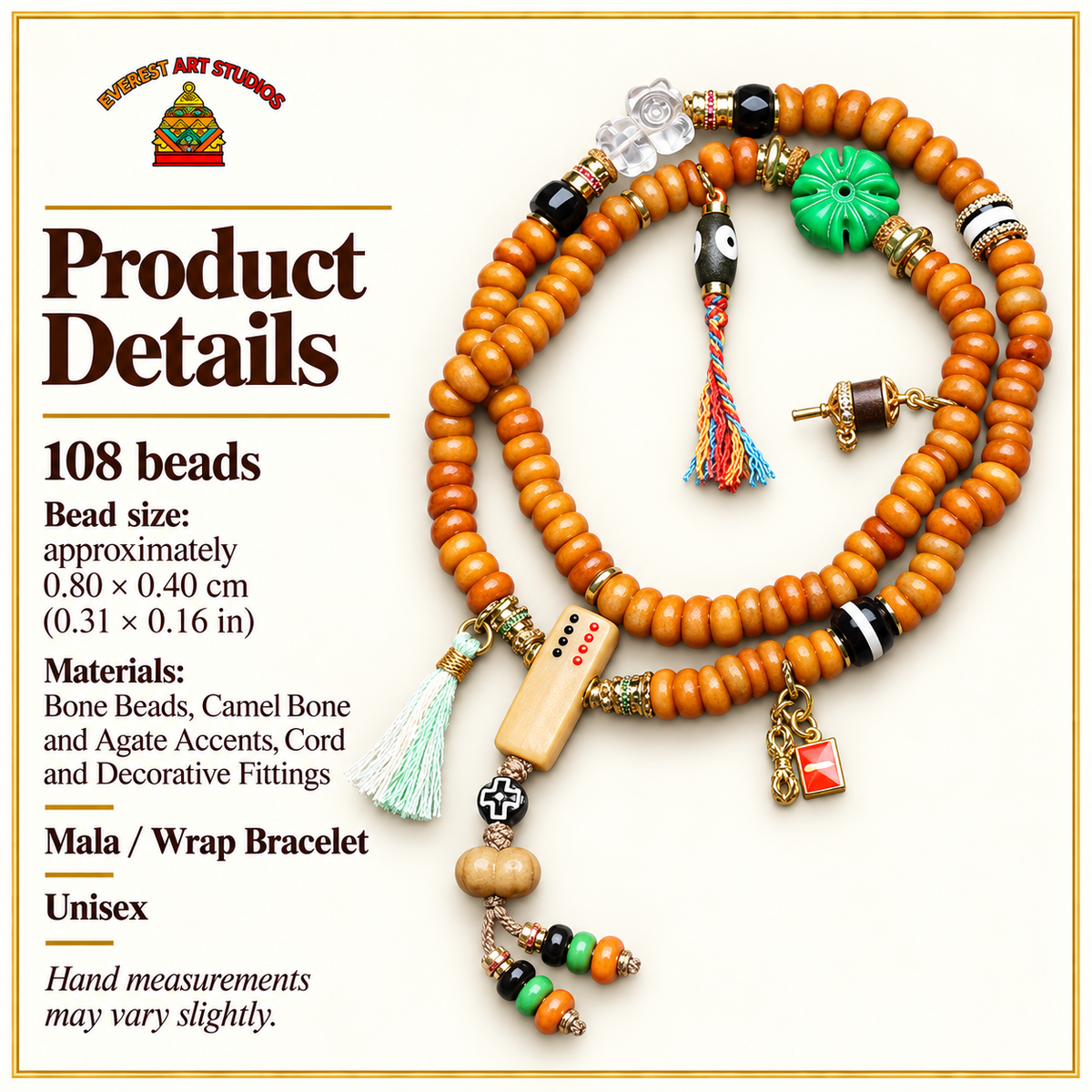 EverestArtstudios Knochen-Mala, 108 Perlen, Kamelknochen/Achat
