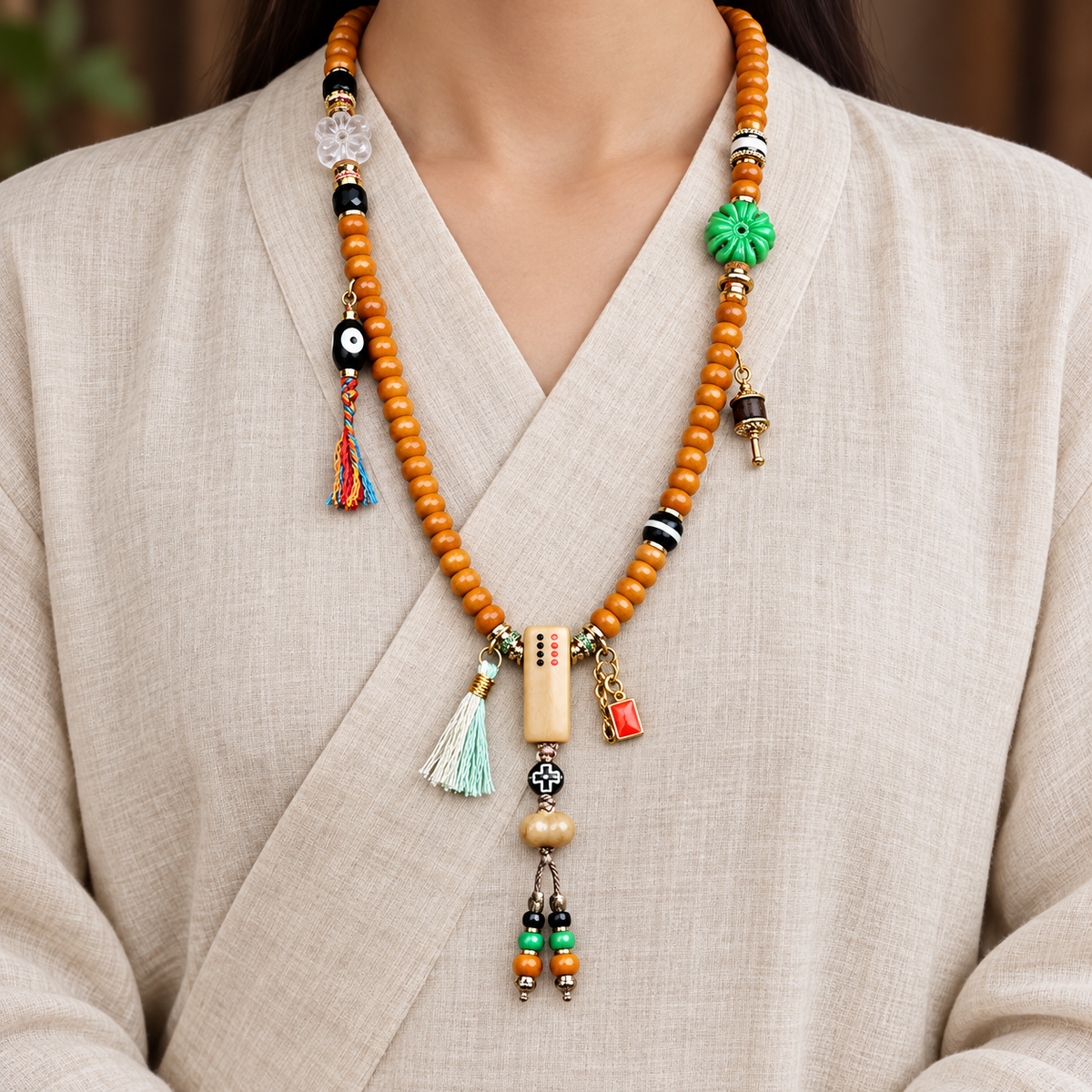 EverestArtstudios Knochen-Mala, 108 Perlen, Kamelknochen/Achat