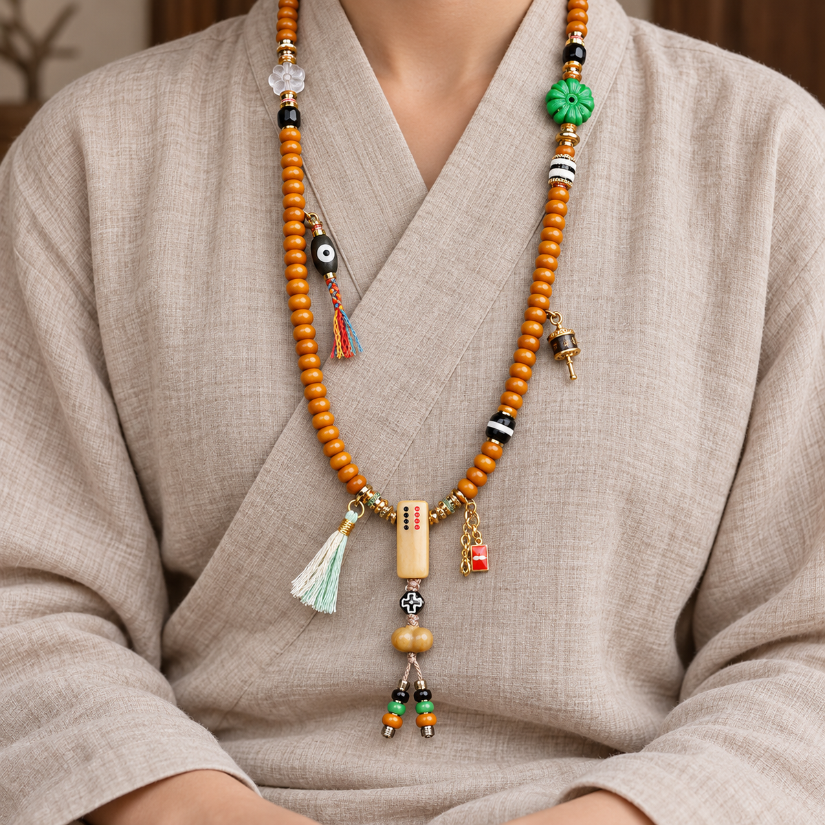 EverestArtstudios Knochen-Mala, 108 Perlen, Kamelknochen/Achat