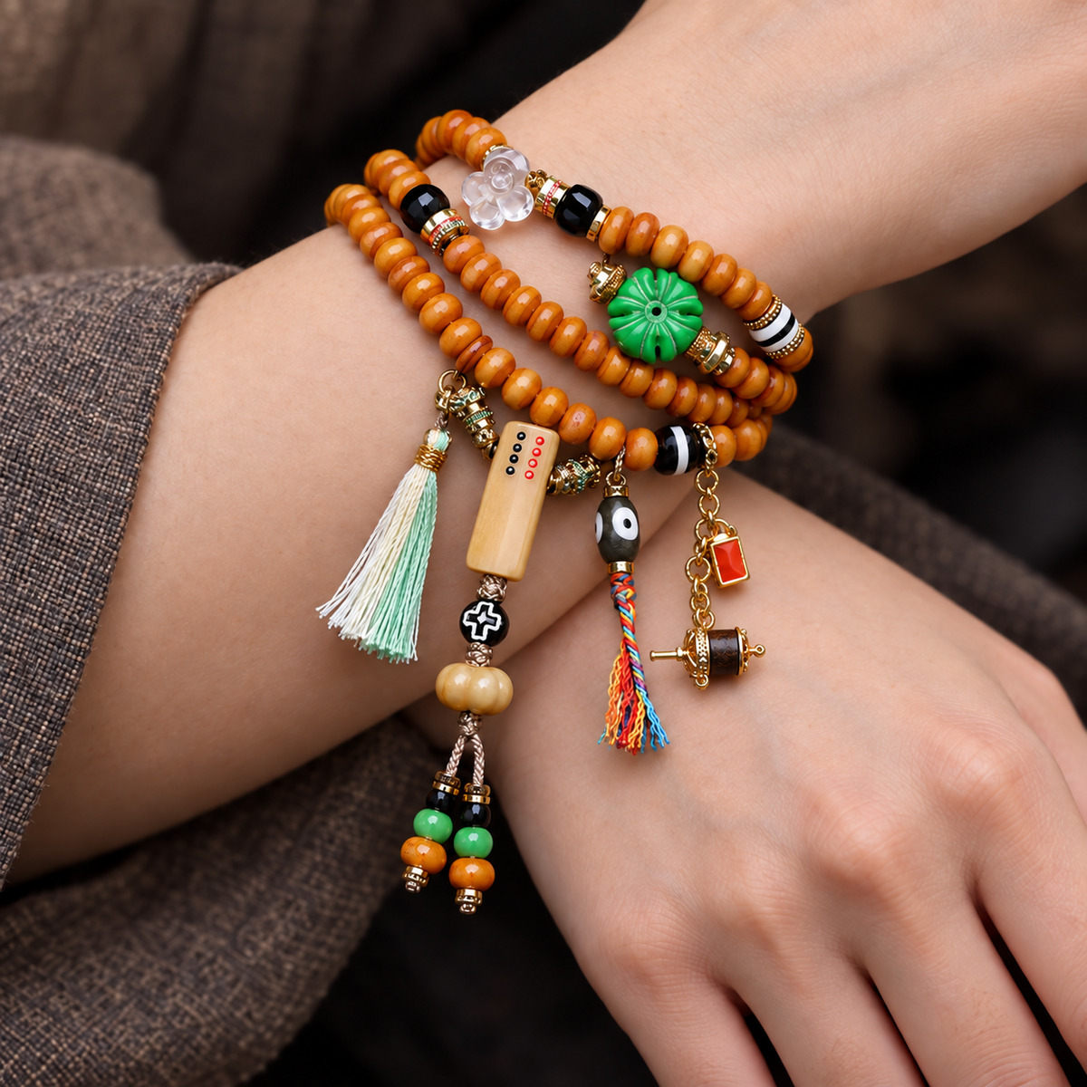 EverestArtstudios Knochen-Mala, 108 Perlen, Kamelknochen/Achat