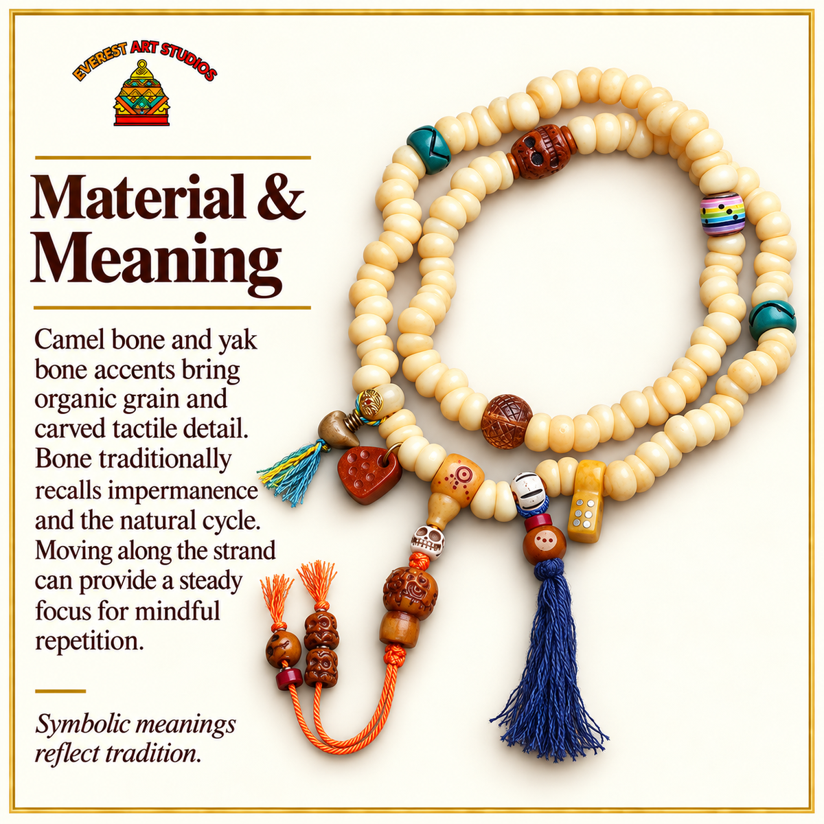 EverestArtstudios Kamelknochen-Mala, Goldfarbe/Yakknochen – Material und traditionelle Symbolik