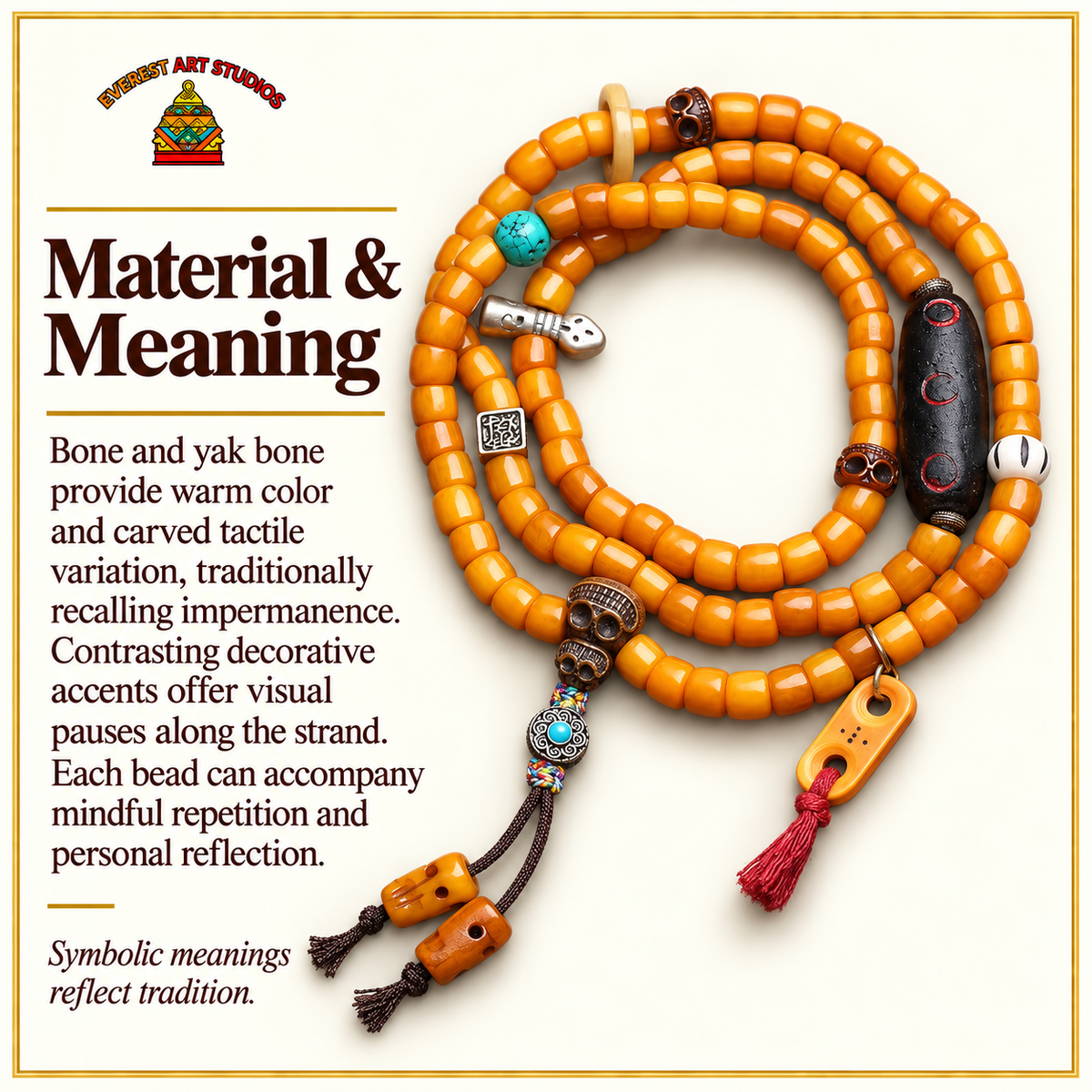 EverestArtstudios Knochen-Mala, Yakknochen-Schnitzdetails – Material und traditionelle Symbolik