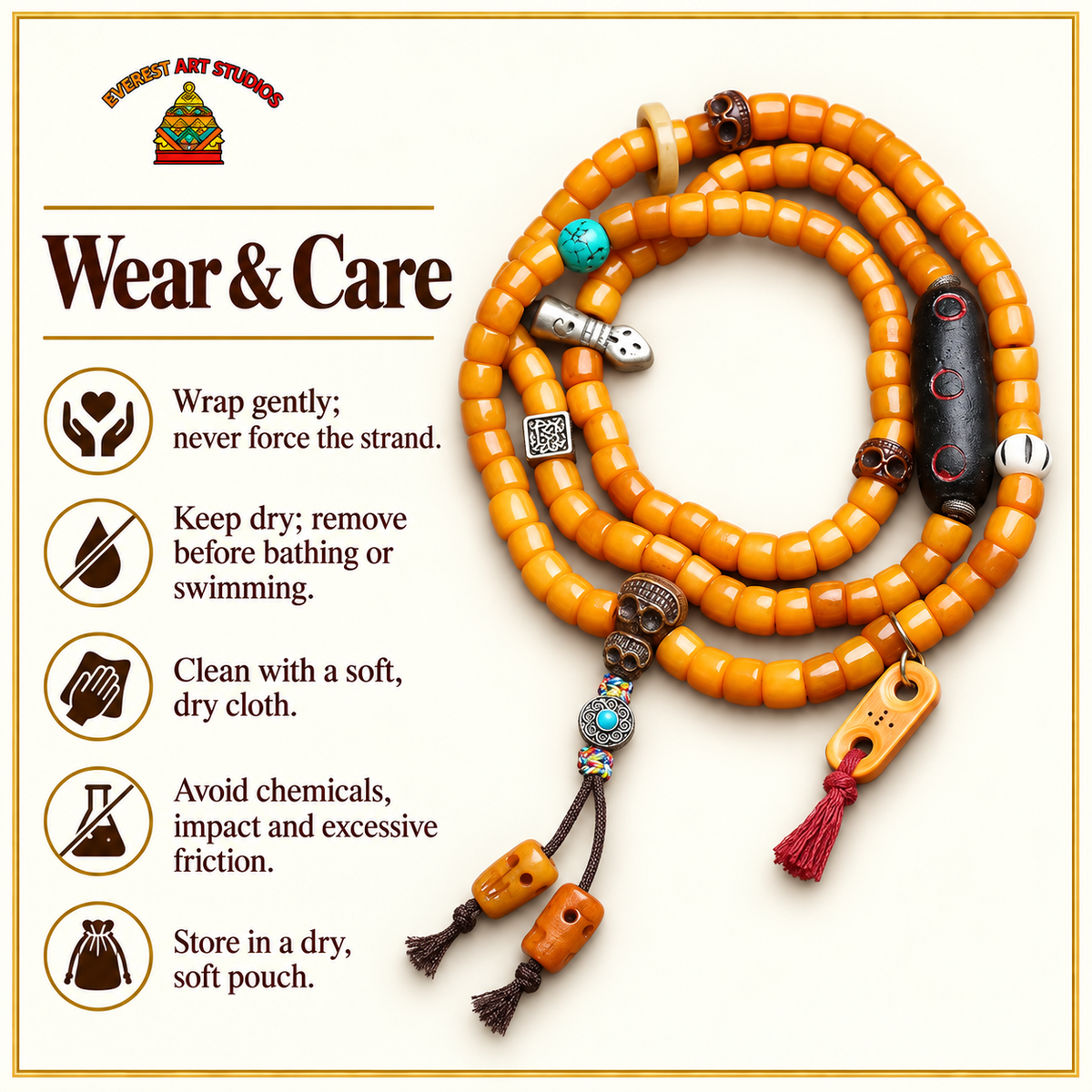 EverestArtstudios Knochen-Mala, Yakknochen-Schnitzdetails – Pflegehinweise