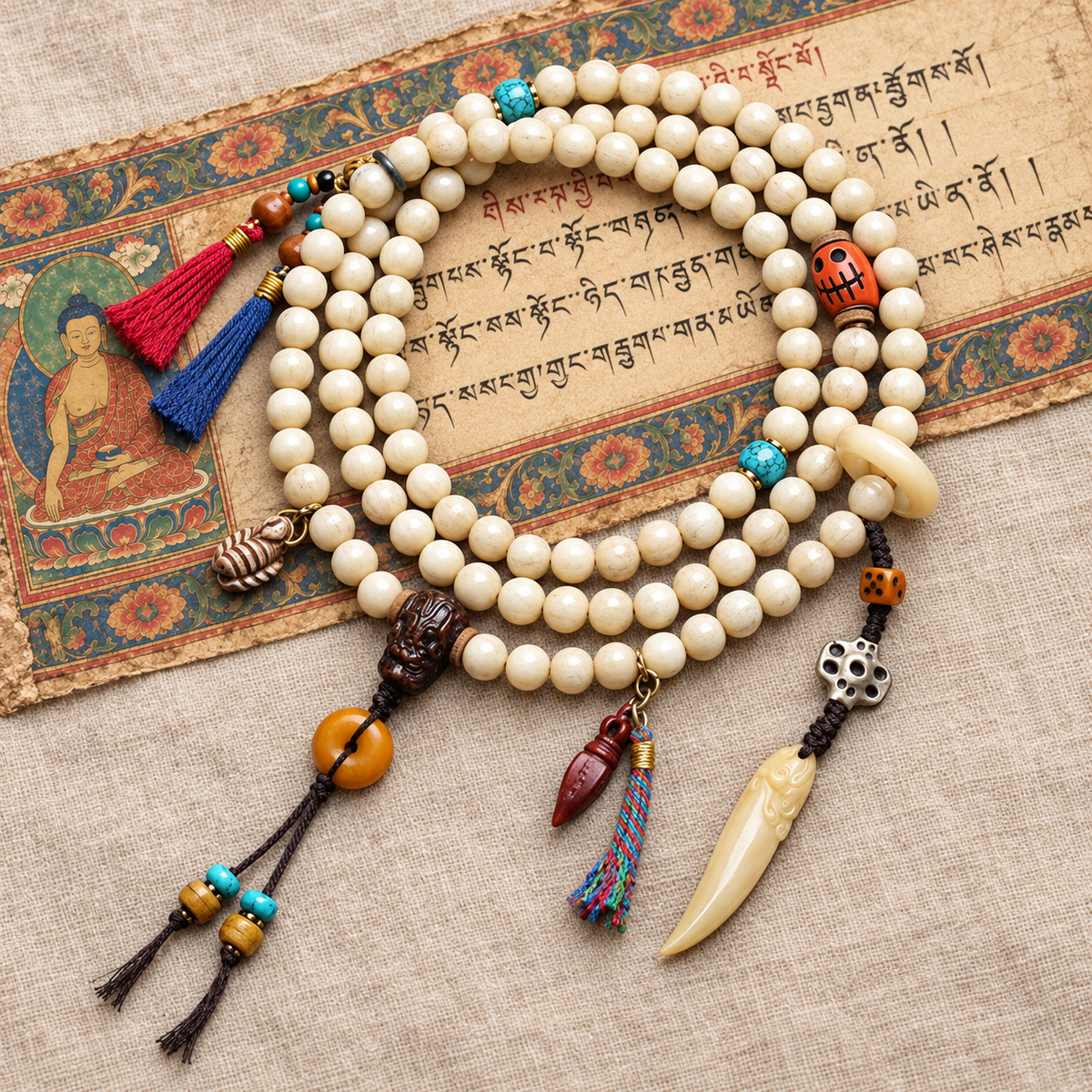 EverestArtstudios Knochen-Mala, 108 Perlen, Schutzring/Vajra