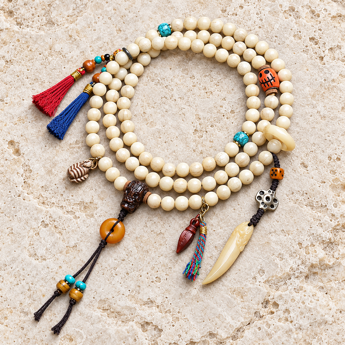 EverestArtstudios Knochen-Mala, 108 Perlen, Schutzring/Vajra