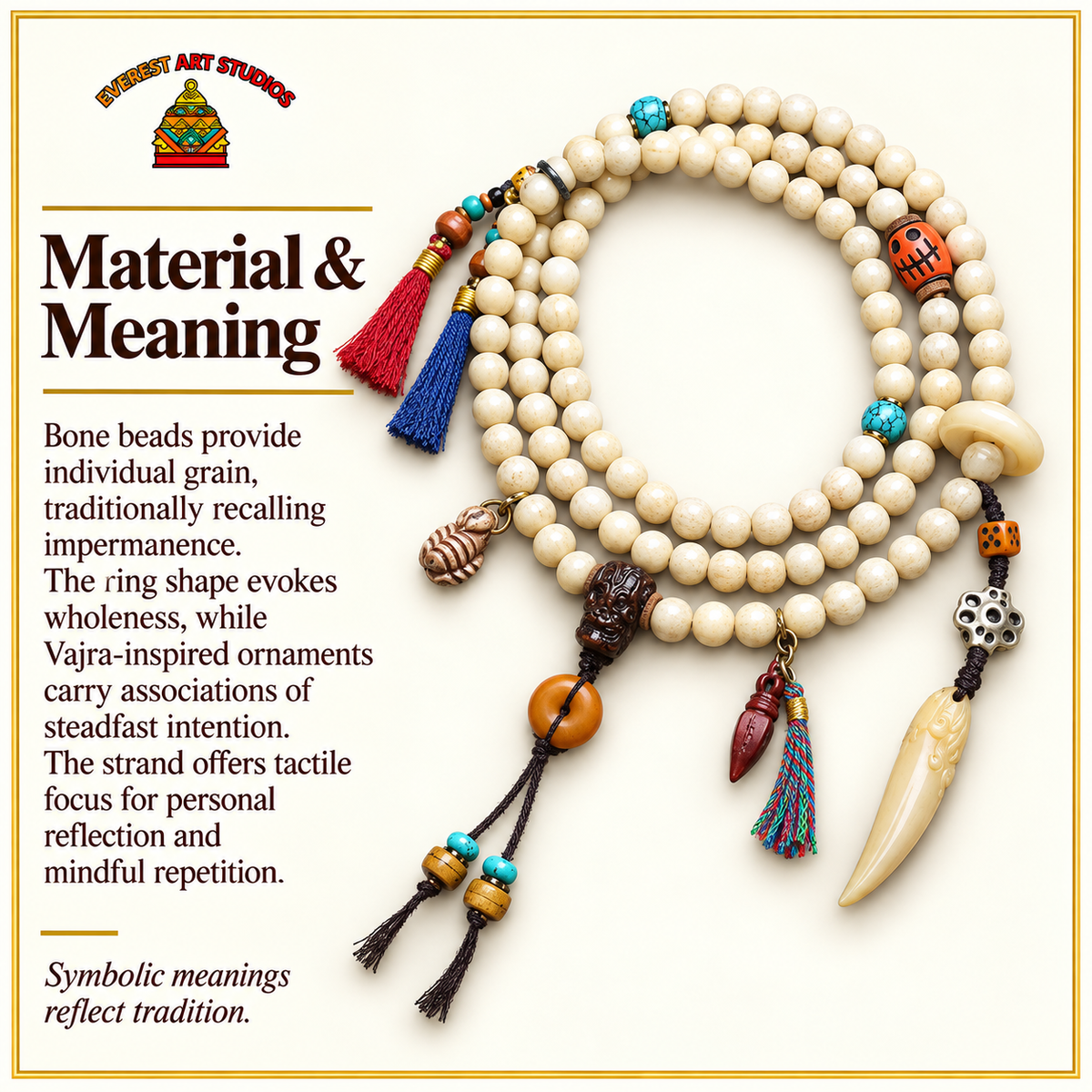 EverestArtstudios Knochen-Mala, 108 Perlen, Schutzring/Vajra – Material und traditionelle Symbolik