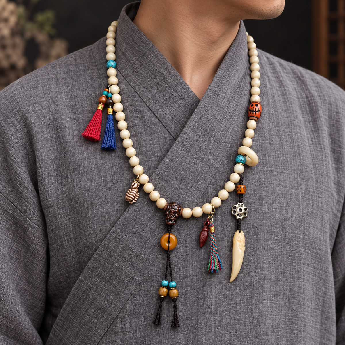 EverestArtstudios Knochen-Mala, 108 Perlen, Schutzring/Vajra