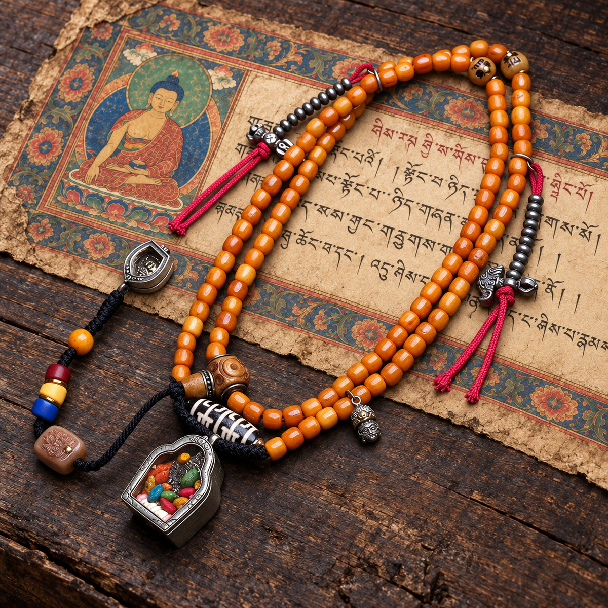 EverestArtstudios Bone 108-Bead Mala with Ghau and Zakiram-Inspired Pendant — full product
