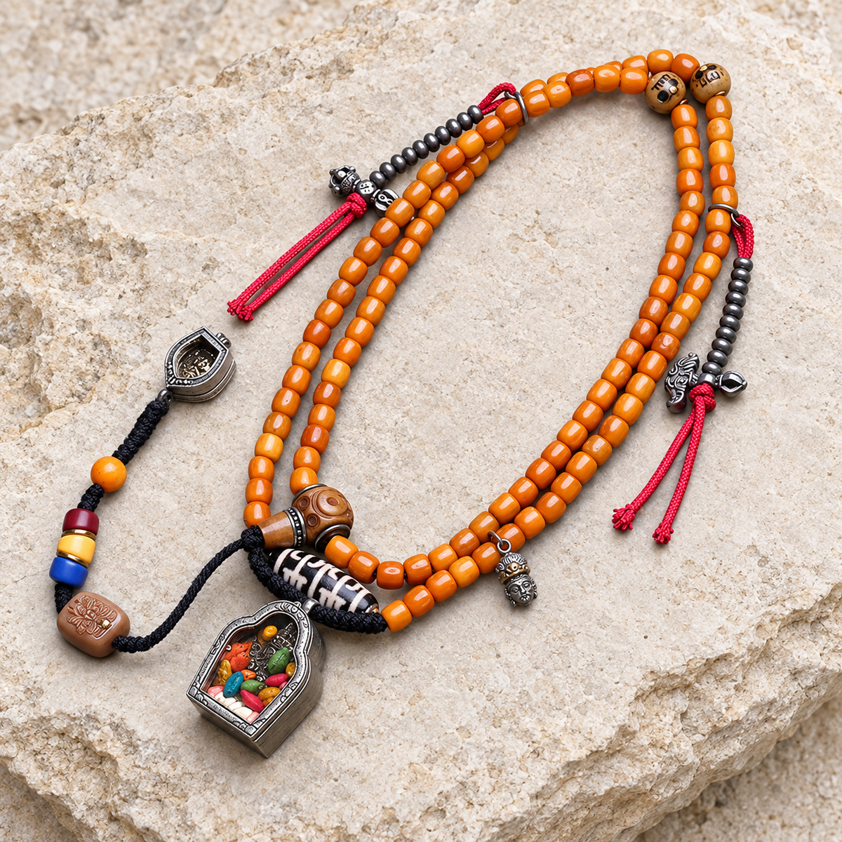 EverestArtstudios Bone 108-Bead Mala with Ghau and Zakiram-Inspired Pendant — overall display