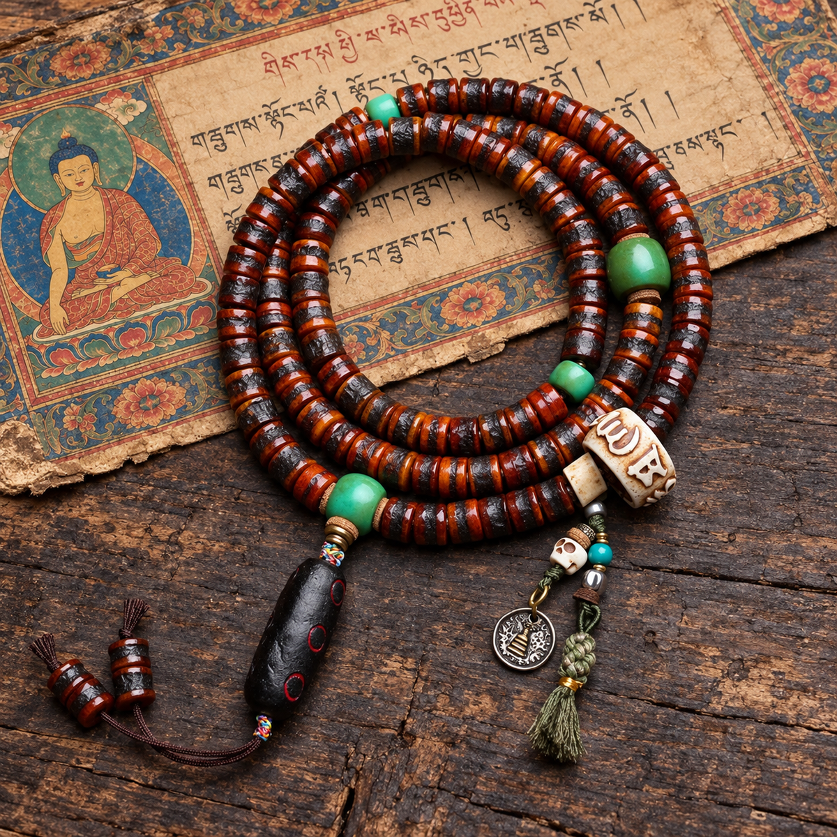 EverestArtstudios Bone 108-Bead Mala with Rahula-Inspired Pendant — full product