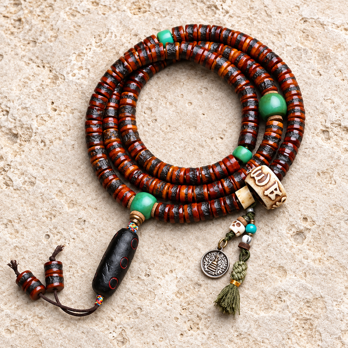 EverestArtstudios Bone 108-Bead Mala with Rahula-Inspired Pendant — overall display