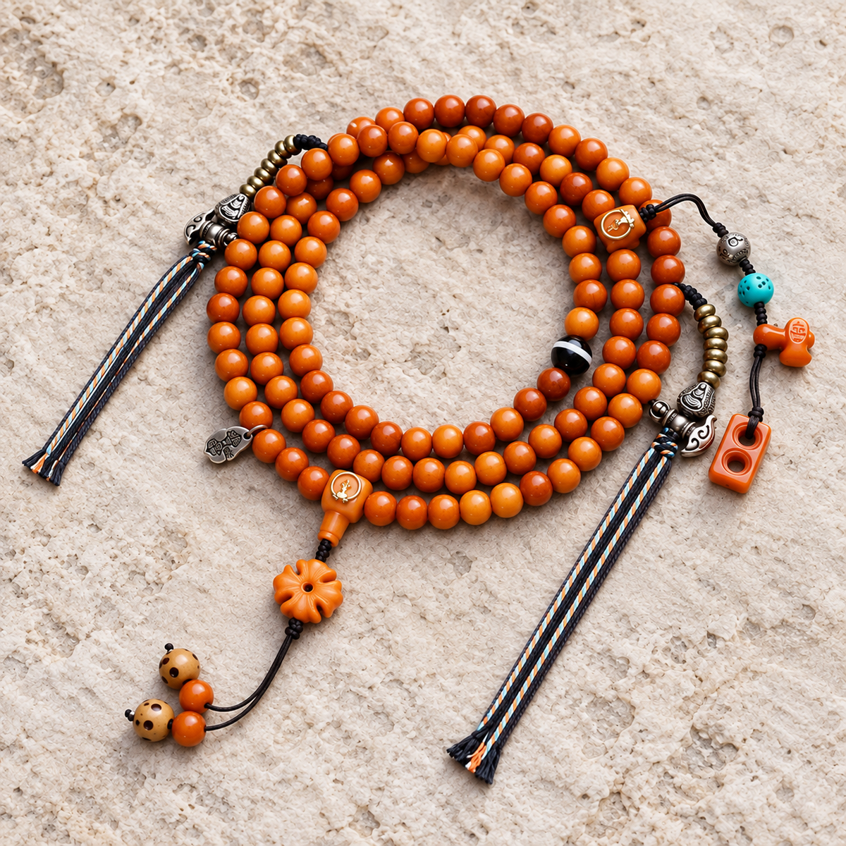 EverestArtstudios Yak Bone 108-Bead Mala with Agate and Faceless Buddha Motif — overall display