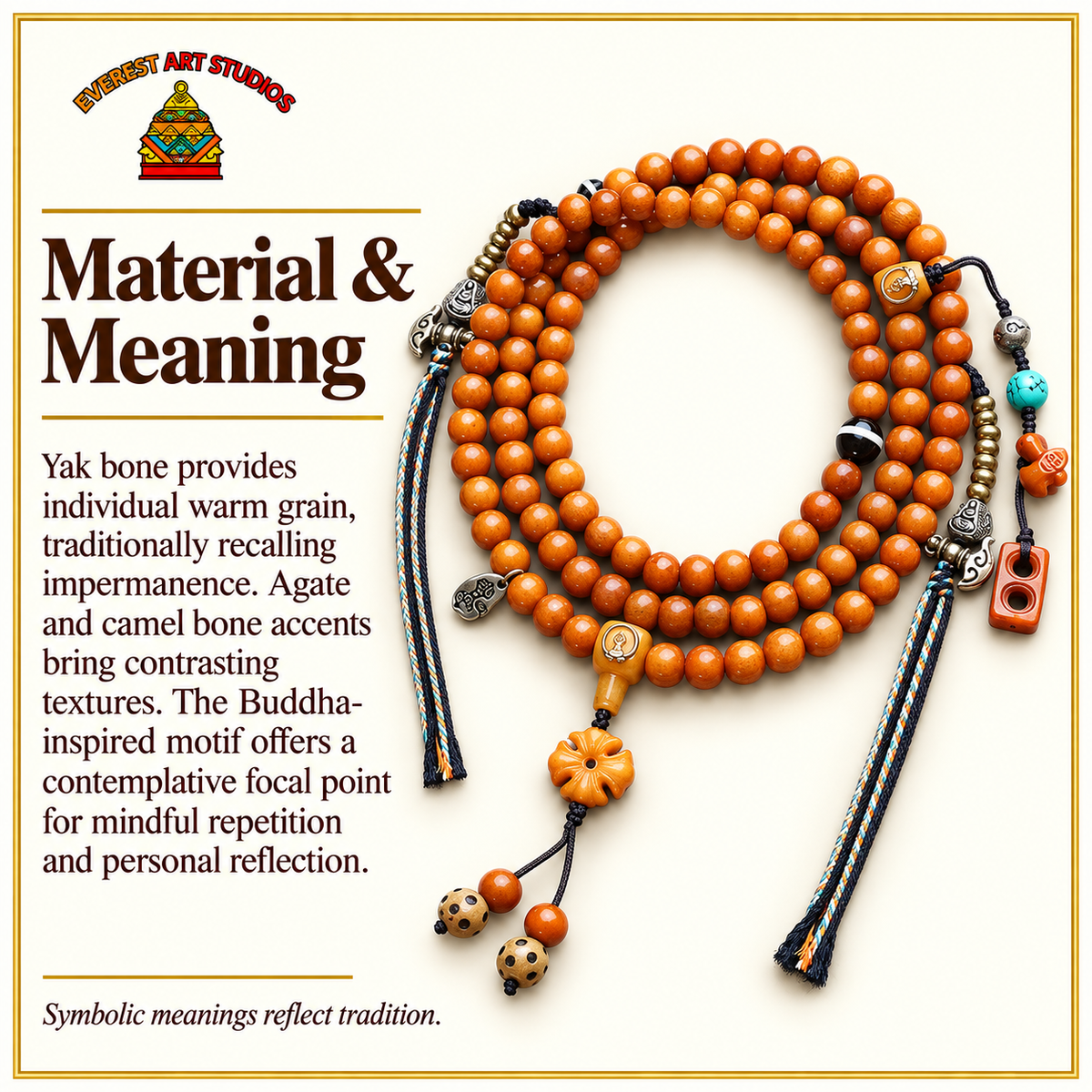 Mala 108 yack agate Bouddha sans visage – Matière et symbolique traditionnelle