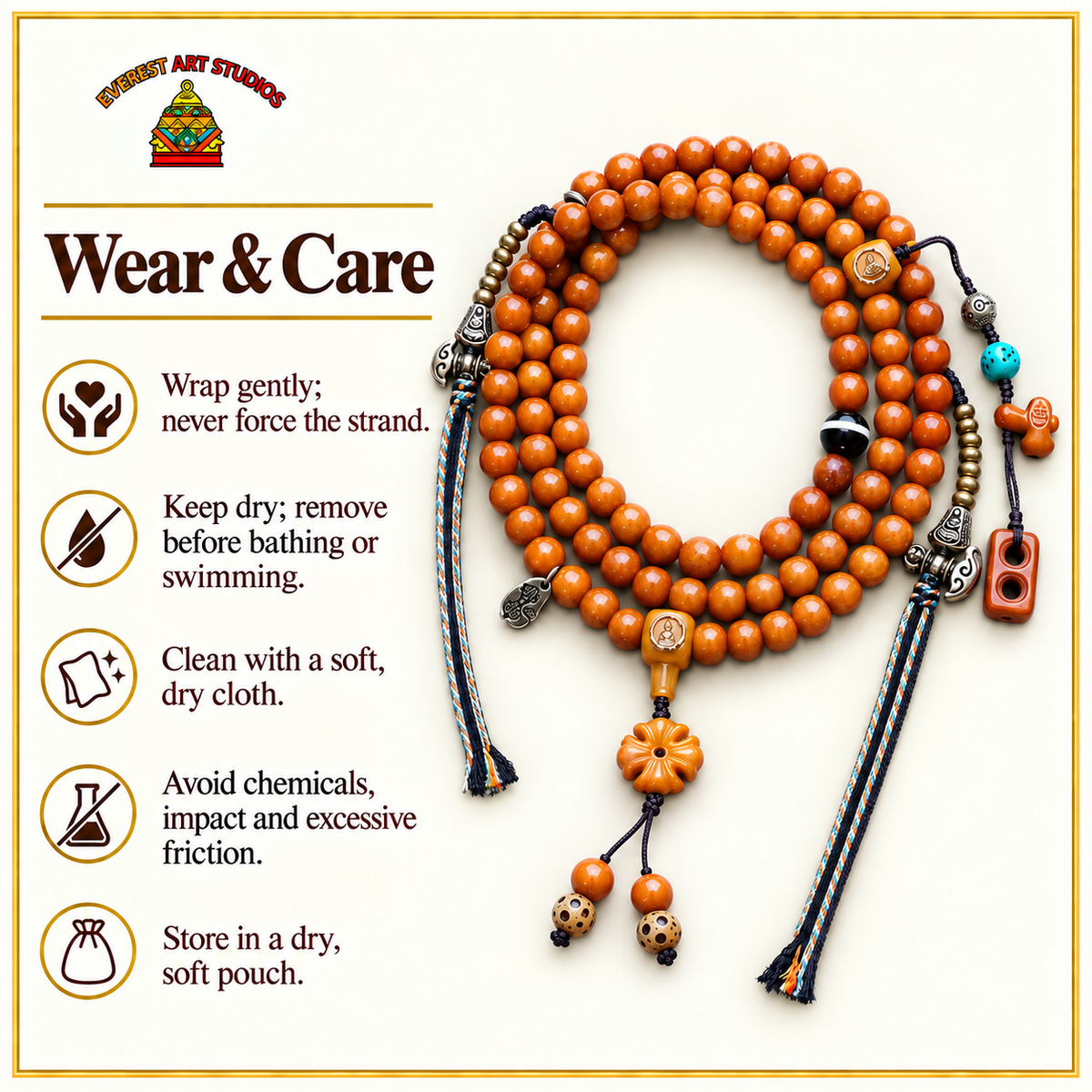 Mala 108 yack agate Bouddha sans visage – Conseils d’entretien