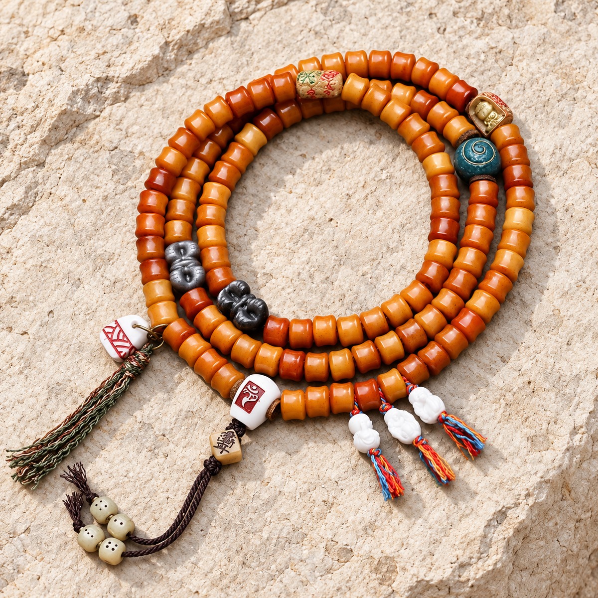 EverestArtstudios Bamboo-Carved Yak Bone 108-Bead Mala with Obsidian Accents — overall display