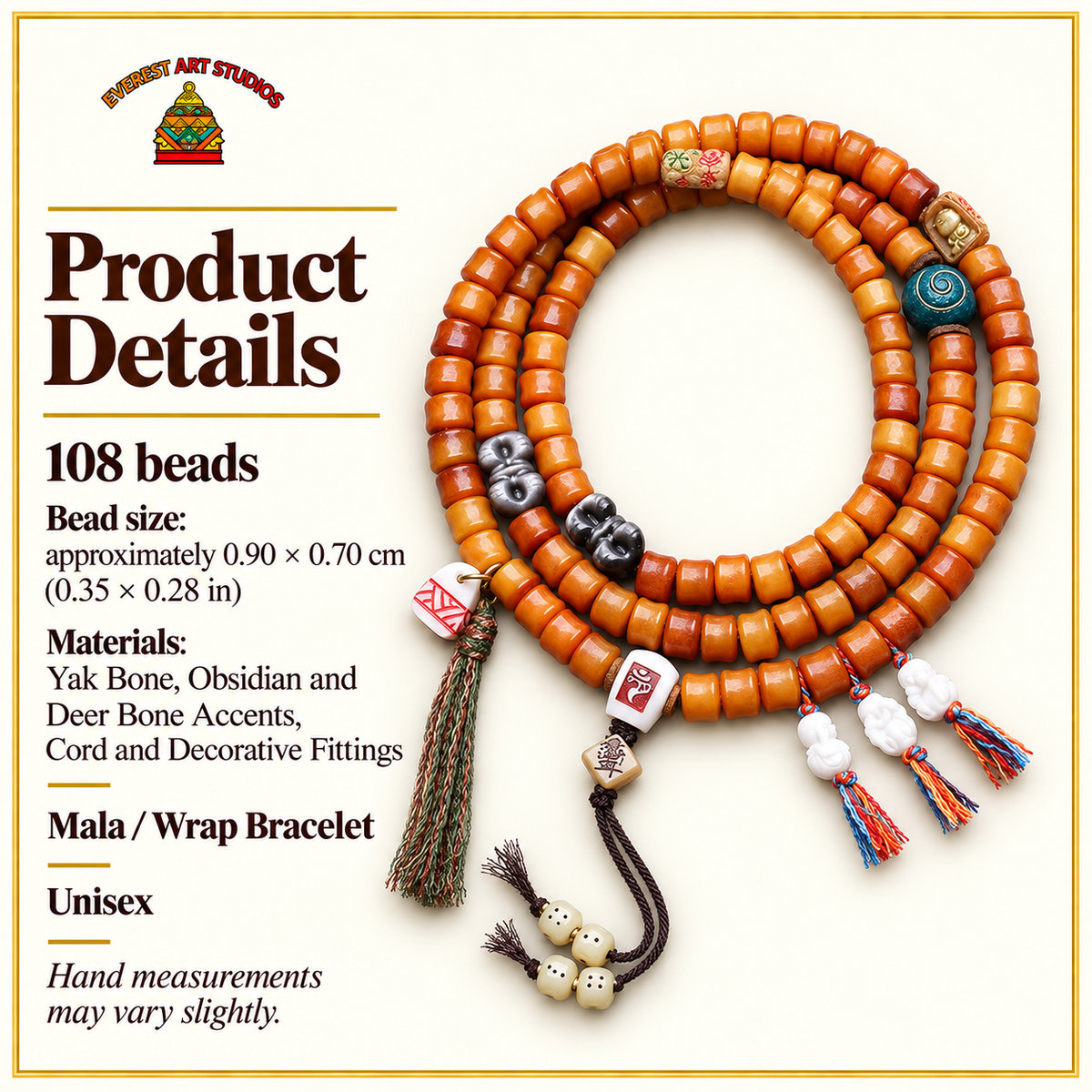 Mala 108 yack motif bambou obsidienne