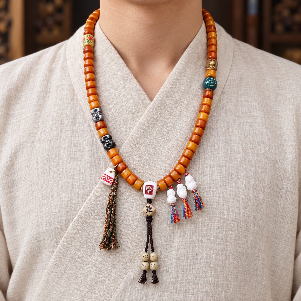 Mala 108 yack motif bambou obsidienne