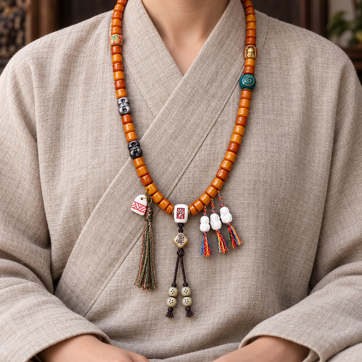 Mala 108 yack motif bambou obsidienne