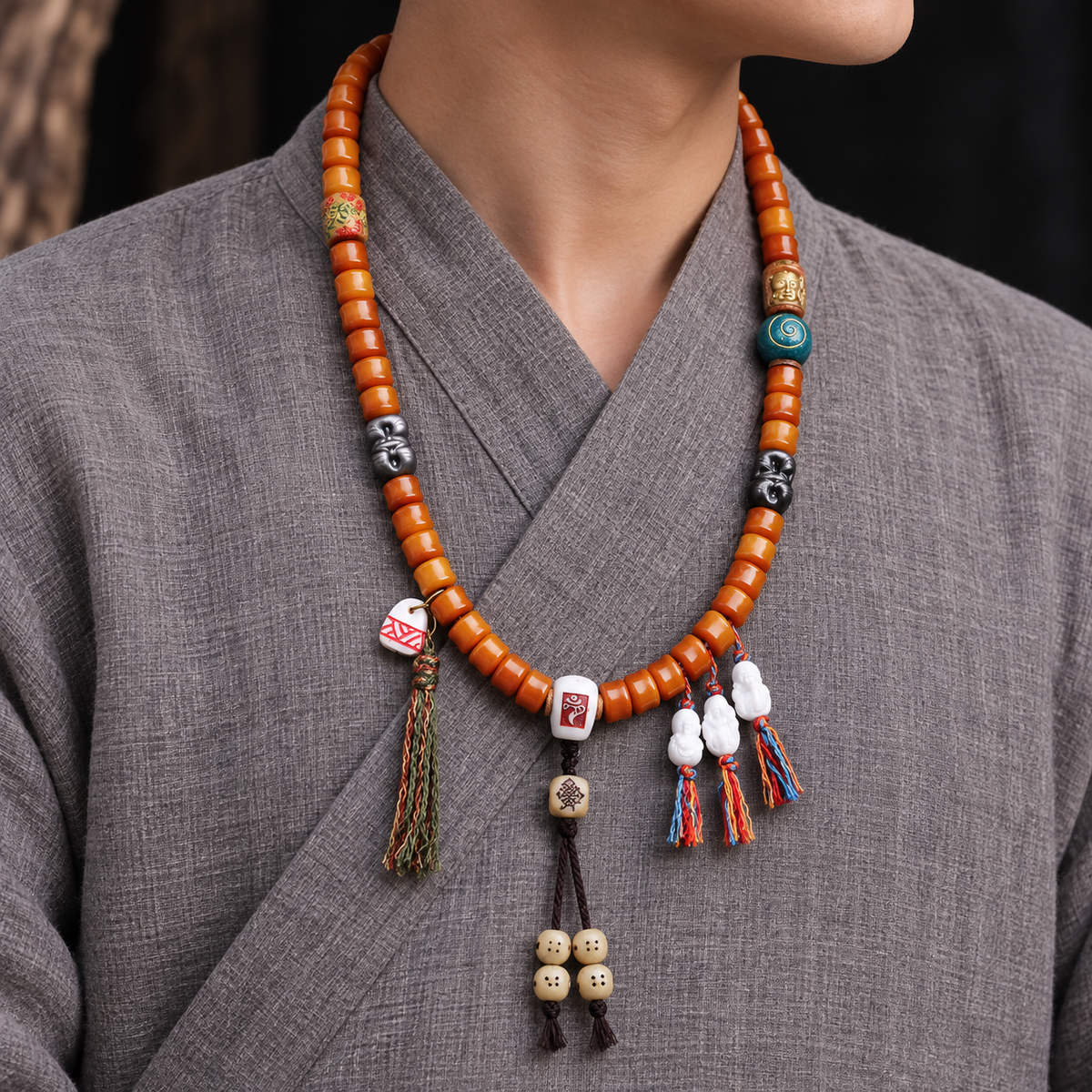 Mala 108 yack motif bambou obsidienne