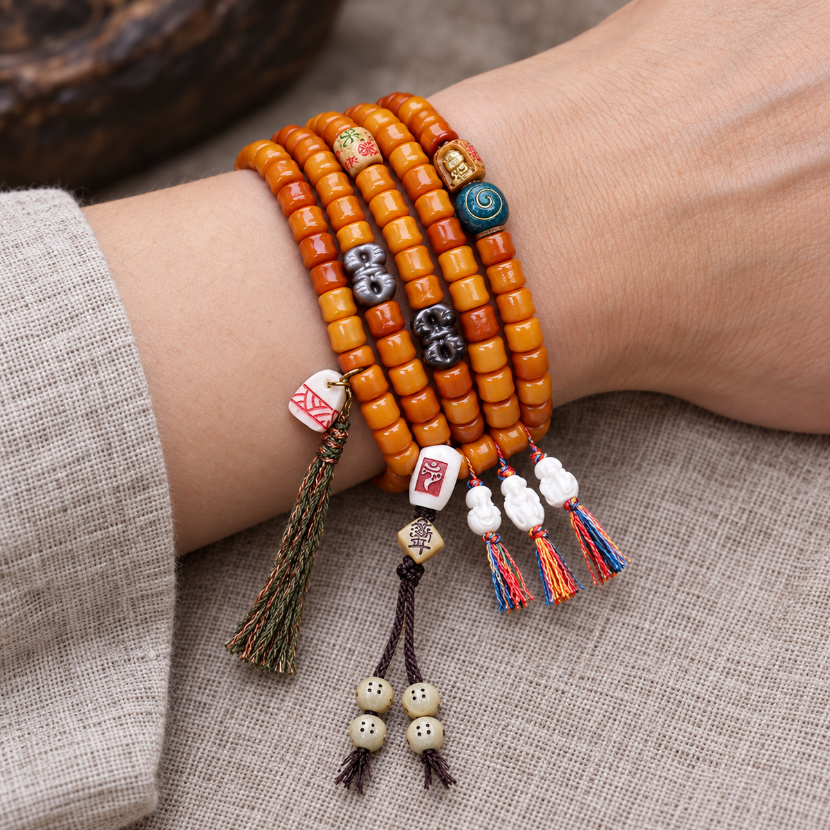 Mala 108 yack motif bambou obsidienne