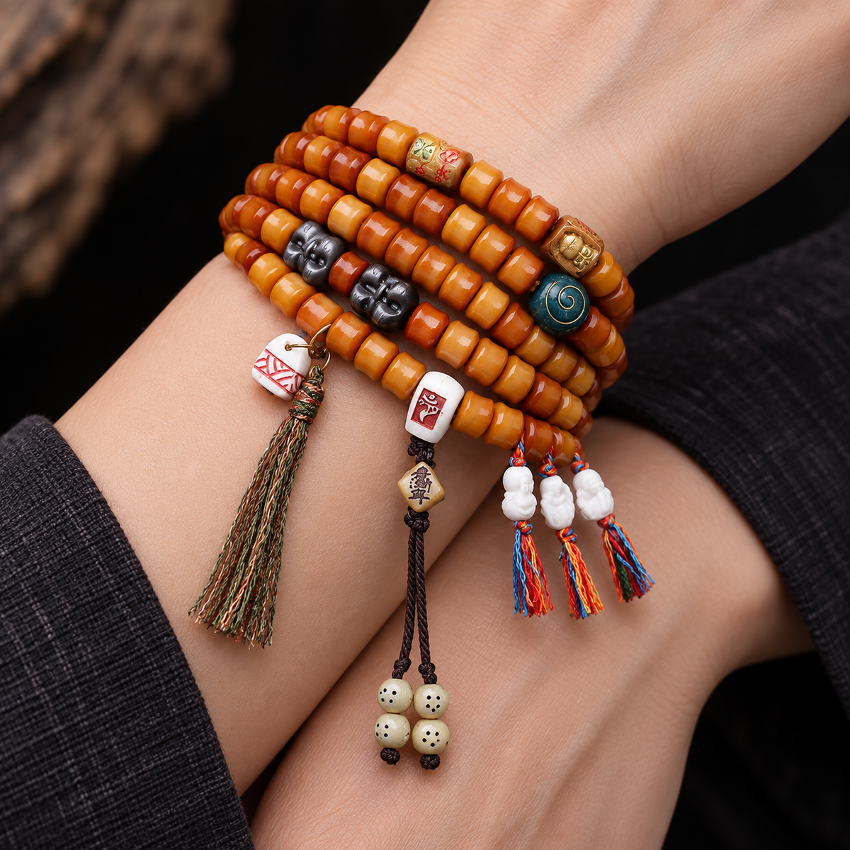 Mala 108 yack motif bambou obsidienne